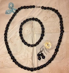 Black Dark Grey Peacock Pearl Necklace Bracelet Earrings Silver Vtg New Minte