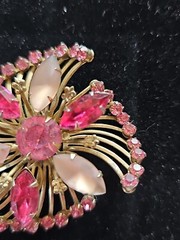 Vintage Prong Set Rhinestone Brooch Pin Pink Opalescent Cabochon Layered