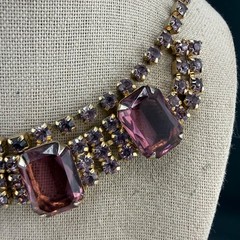 Vintage Purple Rhinestone Necklace Gold Tone 14”