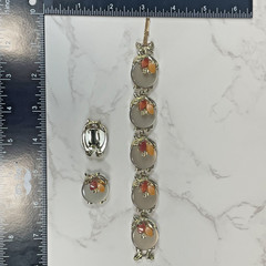 Vintage Thermoset Celluloid Cream Cabochons & Floral Bracelet & Clip on Earrings