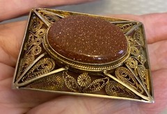 Vintage Silver Vermeil Filigree Aventurine Goldstone Brooch Pendant Handcrafted