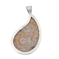 Coral Fossil Pendant | Teardrop Stone Setting | Sterling Silver 925