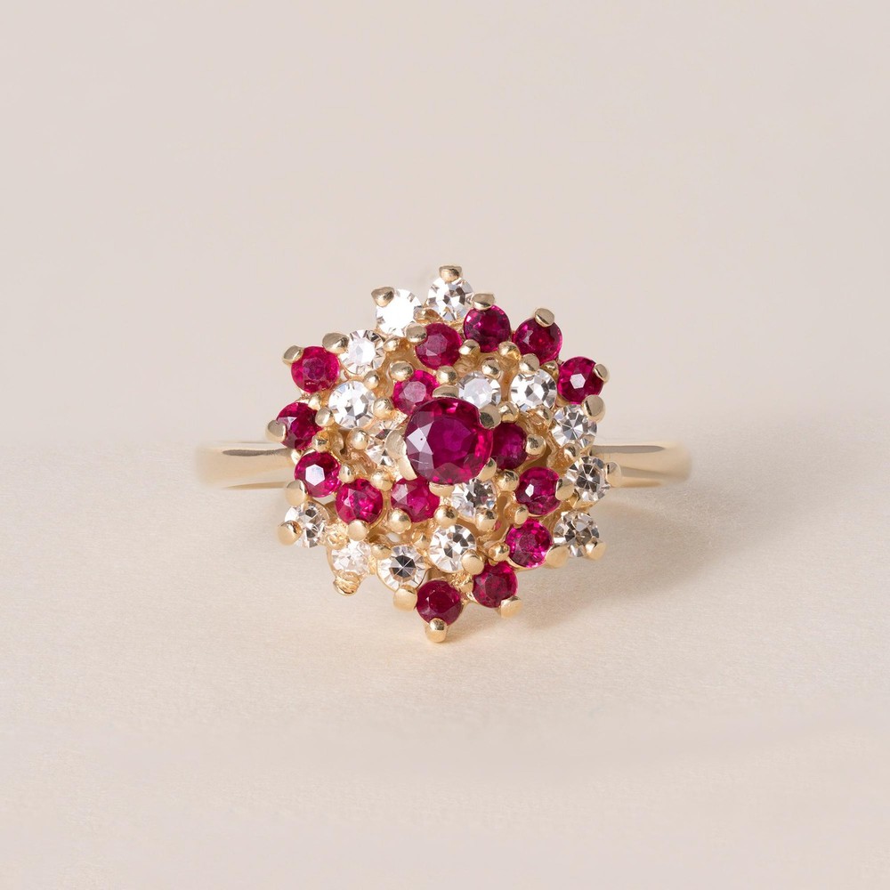 Vintage 14K Gold 0.60 Carats Ruby and 0.22 Carats Diamond Swirl Cocktail Ring