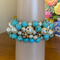 Vintage Expandable Cha-Cha Bead Bracelet Rhinestones Faux Turquoise Pearls