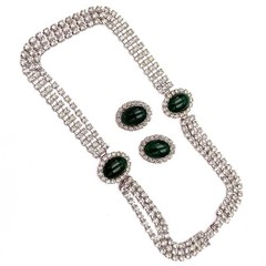 Eisenberg Ice Signed Green Glass Cabochon Clear Rhinestone Necklace Earring Set