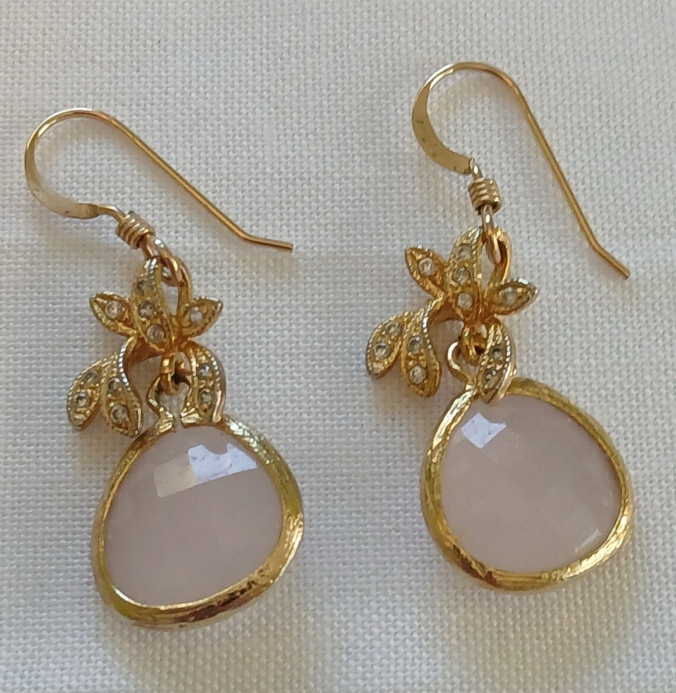 Vintage Earrings 14k Gold-Filled Rose Quartz & Crystal Floral Dangles Jewelry