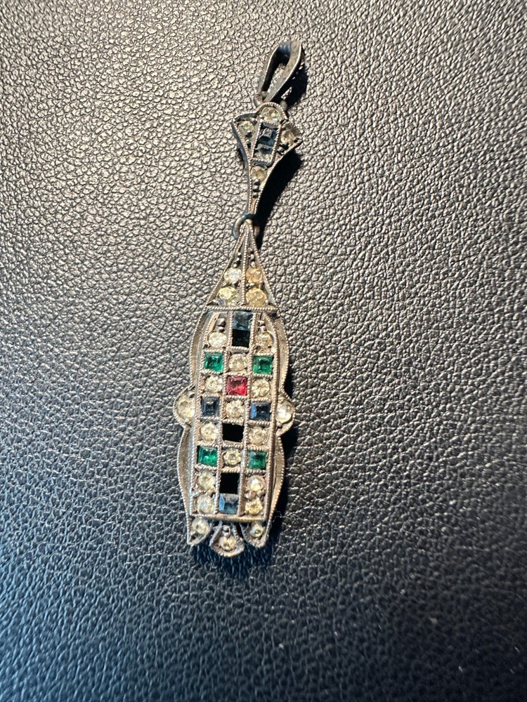Antique 935 Silver Art Deco Paste Pendant – 1920s German Stones Multicolor
