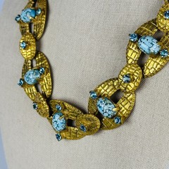 Vintage Czech Brass Blue Confetti Soapstone Cabochon Art Deco Revival Necklace