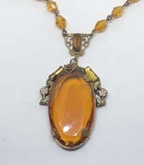 ANTIQUE ART DECO/NOUVEAU CZECH CITRINE GLASS PENDANT W/CRYSTAL CHAIN-ENAMELED