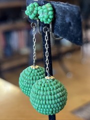 Vintage Green Glass Seed Bead Dangle Drop Clip On Earrings Go Go Style 2”