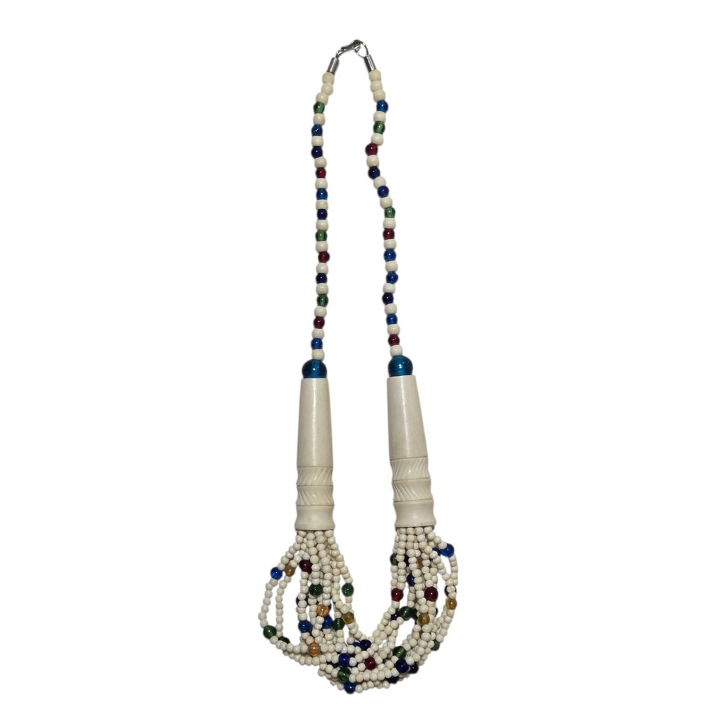 Vintage Multi Strand Beaded Necklace White Green Yellow Red Blue Retro Jewelry