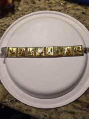 Vintage Persian Painted Mother Of Pearl Storyteller Bracelet Nickel Silver