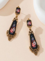 Vintage Floral Dangle Earrings Antique Gold Tone Pink Rose Statement Boho