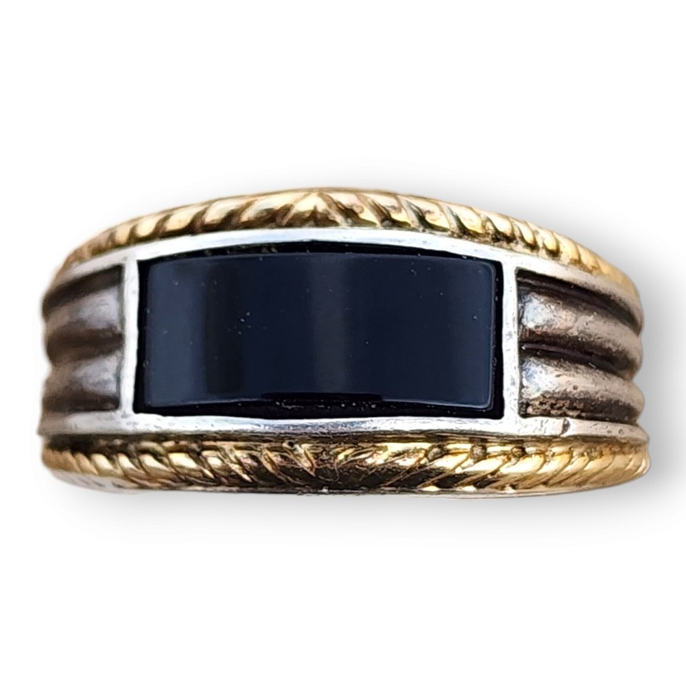 Vintage Signed Sterling Silver 925 and 14KT Gold Onyx Band Ring Size 10.75