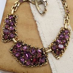 Vtg Barclay Purple Amethyst Rhinestone Gold Tone Necklace Choker Mesh Bib Signed
