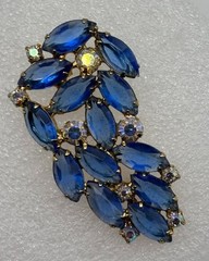 Vintage Blue Navette and Clear Prong-Set Rhinestone Brooch Open Back, Not Signed
