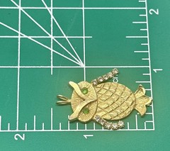 Textured Gold Tone Metal Articulated Rhinestone Owl Bird Green Eye Pendant 1.5″