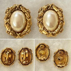 Carol Lee Clip (Signed) Earrings Faux Iridescent Pearl Gold-Tone! Rare! 0425-8