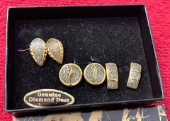 Vintage Diamond Dust Clip On Earrings Jewelry Set Of 3 Gold Tone 80s