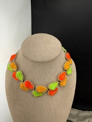 Vintage Thermoset Leaf Necklace Neon Green Red Gold Tone 14”