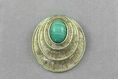 Vintage Sarah Coventry Metal Alloy Shell Brooch Pendant Green Oval Cabochon 1.8″