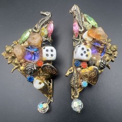 Vintage Handmade Assemblage Clip On Earrings Seahorse Dice Rhinestone Charms