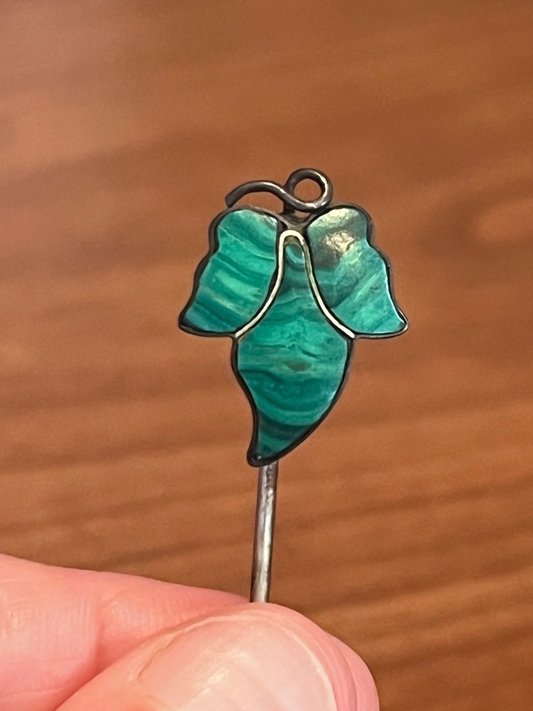 Antique Victorian Sterling Silver Malachite Ivy Leaf Stick Pin – 1880s Scottish
