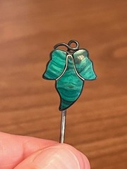Antique Victorian Sterling Silver Malachite Ivy Leaf Stick Pin – 1880s Scottish