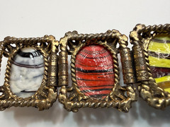 Vintage Chunky Swirl Art Glass Cabochon Link Bracelet Brass Retro 1950s Dungeon