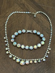 Vintage Weiss Clear Aurora Borealis Rhinestone Bracelet & Necklace Set Nice!
