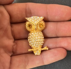 VTG Gold Rhinestone Owl Brooch Citrine Eyes Bird Pin 1.5” Mid Century Sparkle