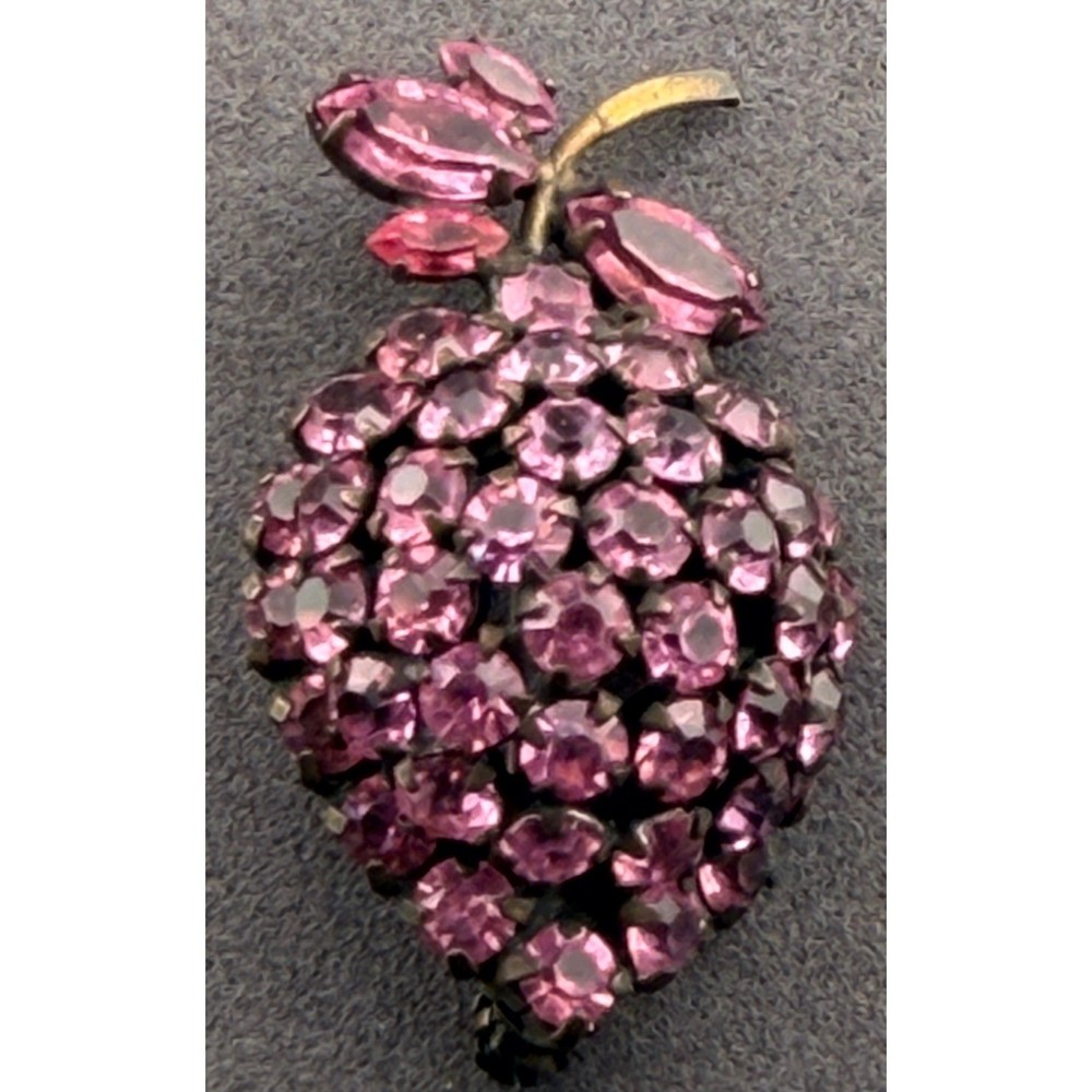 Vintage Warner Brooch Pink Rhinestone Fruit Berry Gold Tone Signed 1.75in