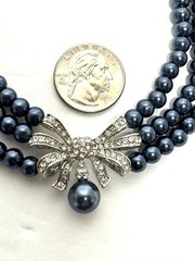 Blue Faux Pearl Necklace 3 Strand Rhinestone Bow + Dangle Earrings Pierced
