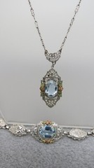 Antique Necklace Bracelet Silver Filigree Purple Stones Rose Gold Accent Flower