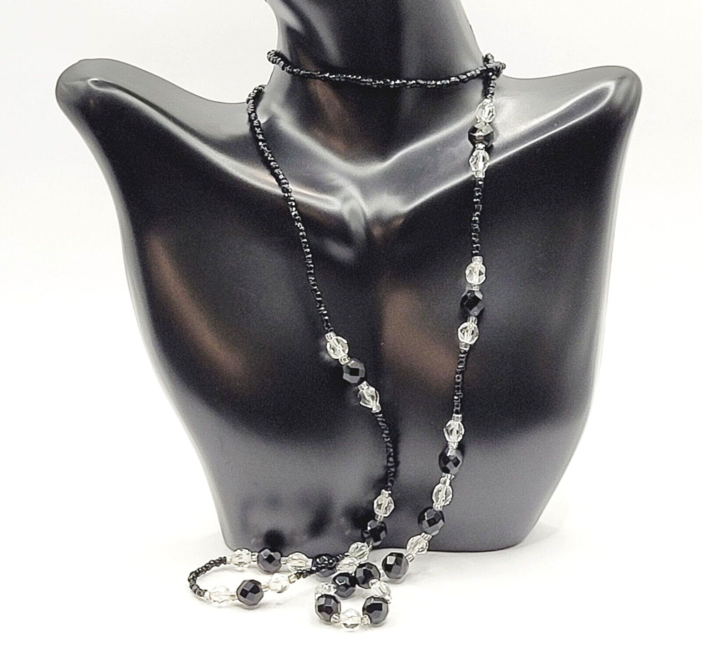 Modern Art Deco Black Clear Cut Crystal Bead Silver Tone Vintage Necklace 31 in
