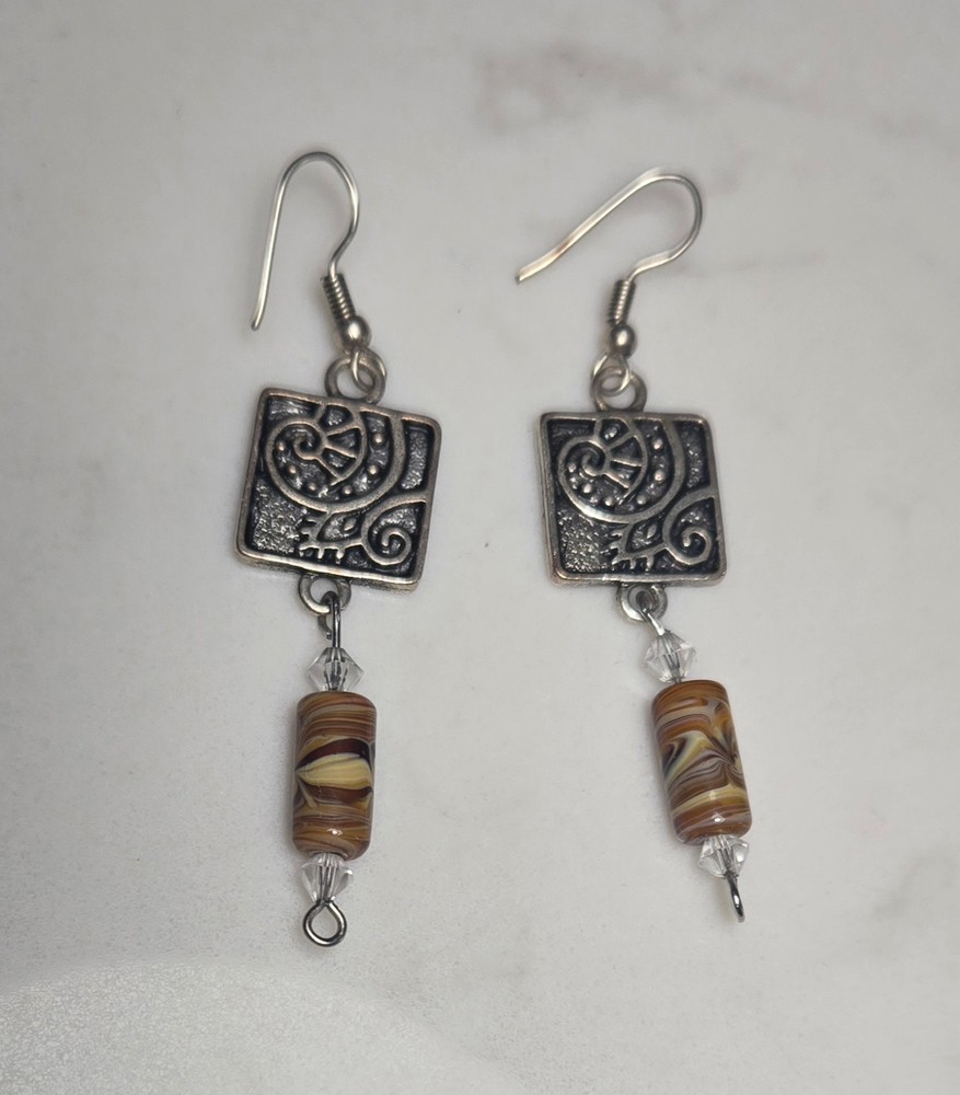 Vintage Rustic Etched Metal and Bead Dangle Earrings
