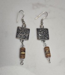 Vintage Rustic Etched Metal and Bead Dangle Earrings