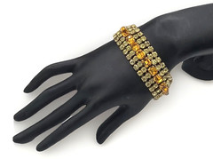Vintage Amber Rhinestone Bracelet Gold Tone Triple Row Glows Green UV Reactive