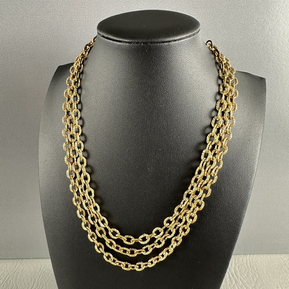 Vintage Gold Tone Multi Strand Chain Necklace Textured Links Toggle Clasp 16″