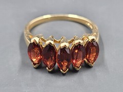 Vintage Almandine Garnet Ring, Five Stone 14K Gold Band Size 9