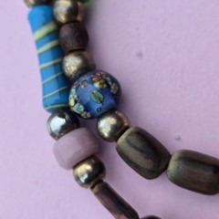 Vintage Boho Beaded Necklace Painted Glass Carved Wood Shell Metal Beads