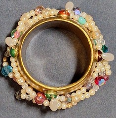OOAK Vnt. 1980s-1990s “Ross Madole” Cuff Bracelet/Gold Leaf w Faux Pearls & Gems