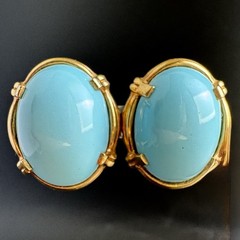 Vintage JOMAZ Joseph Mazer Turquoise Blue Poured Glass Gold Tone Clip Earrings