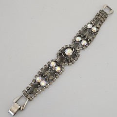 Vintage Bracelet Brooch Earring Set Smoky Gray AB Rhinestone Silver Tone