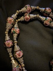 Vintage Long Cloisonné Necklace Copper Based & Wire Pewter Binding 925 Clasp