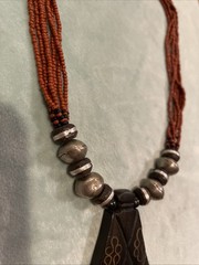 Vintage Handmade Statement Tribal Necklace with Wood, Metal & Red Beads 18”