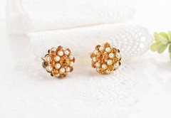 Vintage HOBE Citrine Orange Rhinestone Pearl Cluster Dome Screw Back Earrings