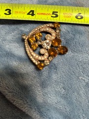 VINTAGE Signed JOSEPH WEISNER NY AMBER & CLEAR Rhinestones BROOCH/PENDANT PIN