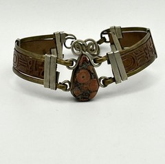 Leather Jasper Stone Bracelet Egyptian Revival Vintage Brass 6.75 in