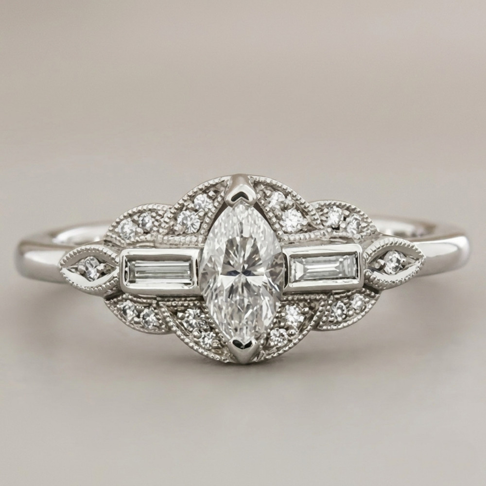 Marquise & Baguette Cut Moissanite Stone Art Deco Engagement Ring In 925 Silver